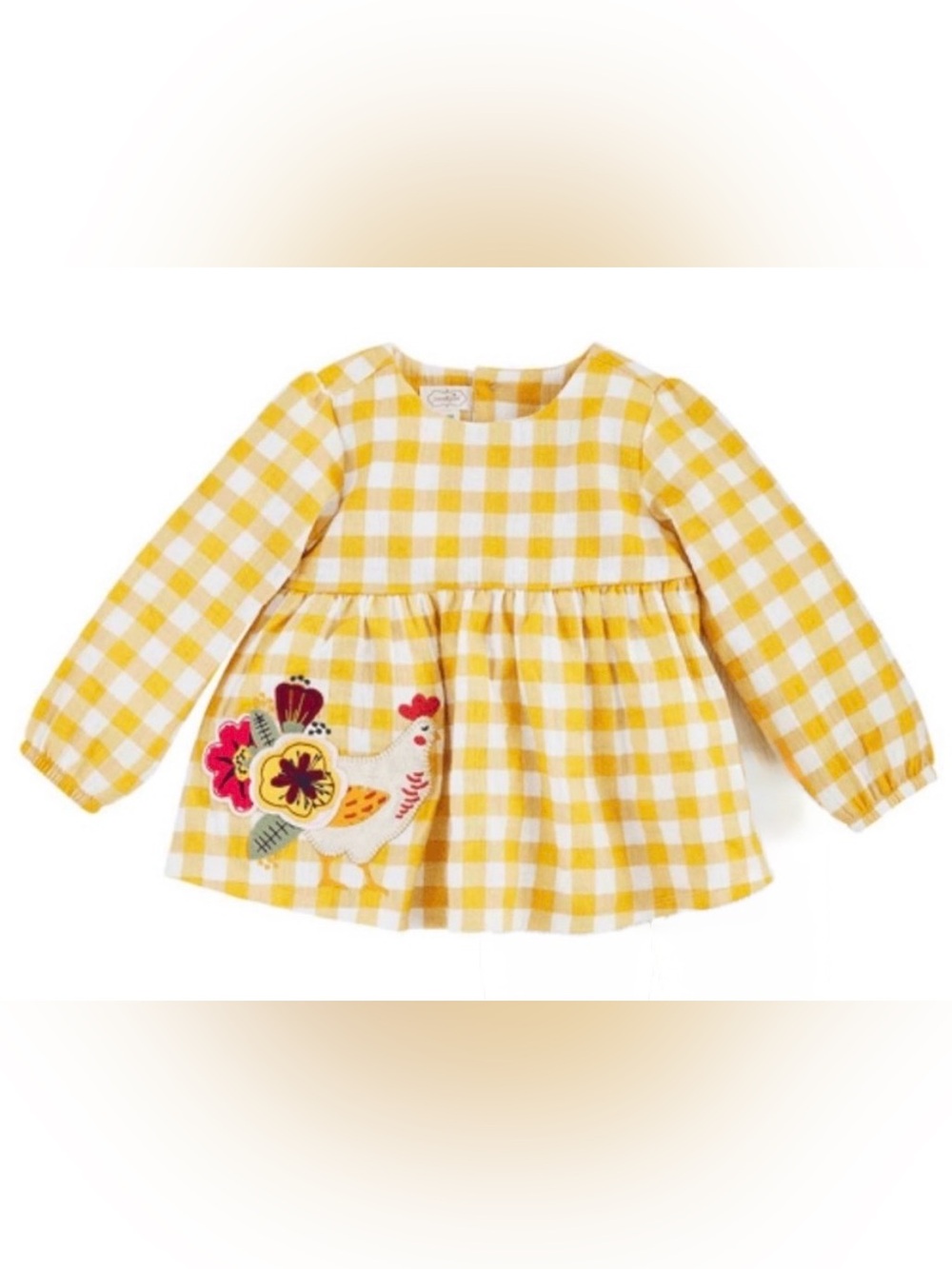NWT Mud Pie Yellow Gingham Baby Girl Top with Chicken Applique